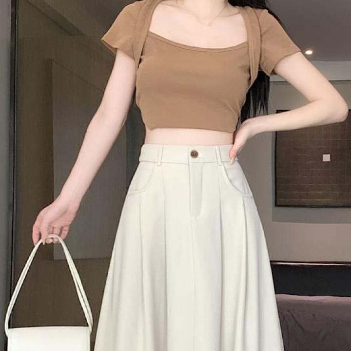 Mikiko - Jupe trapèze mi-longue fendue unie à taille haute