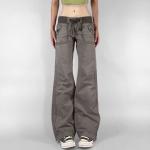 Puffie - Low Waist Drawstring Plain Straight-Fit Wide Leg Jeans