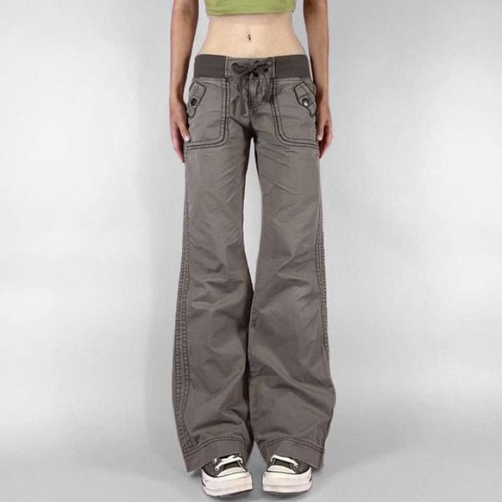 Puffie - Low Waist Drawstring Plain Straight-Fit Wide Leg Jeans