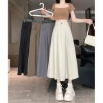 Mikiko - Jupe trapèze mi-longue fendue unie à taille haute